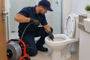 Profissional desentupindo um vaso sanitário em Sorriso.