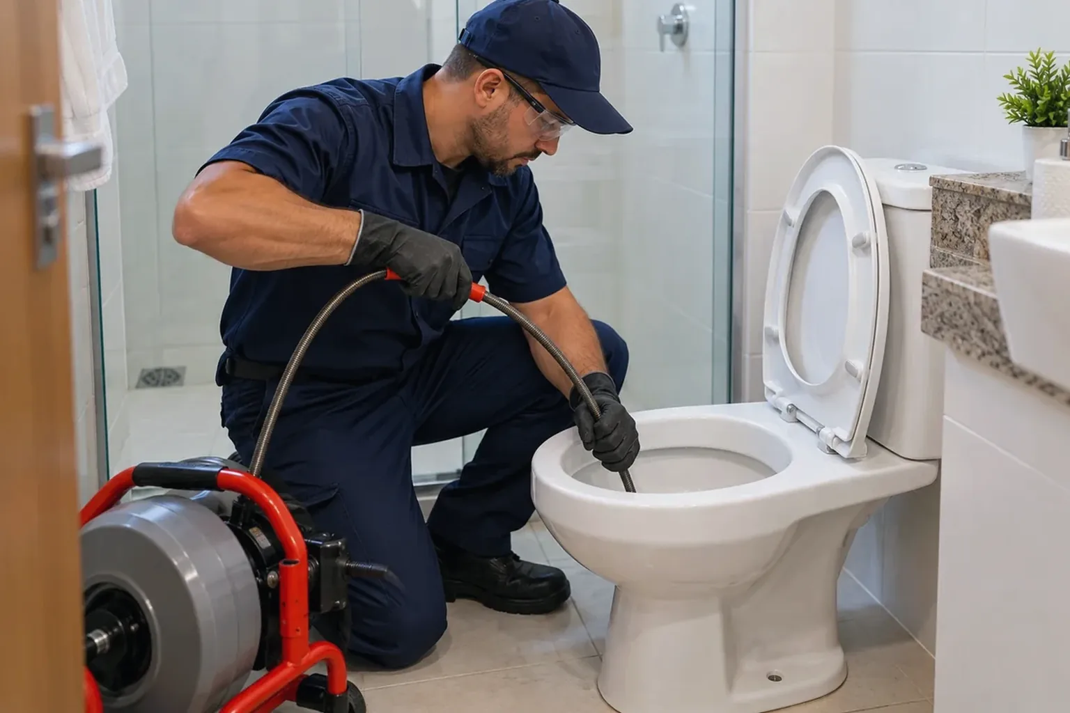 Profissional desentupindo um vaso sanitário em Sorriso.