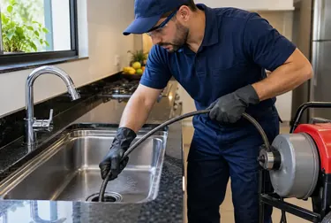 Profissional realizando o desentupimento de uma pia em Sorriso.