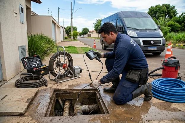 Técnico avaliando entupimento em Sorriso para determinar a necessidade de serviço.