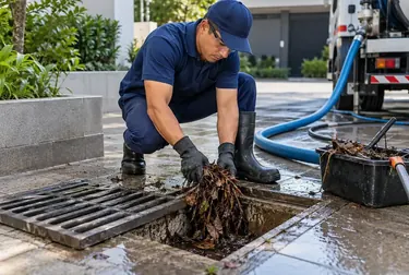 Técnico desentupindo redes pluviais em Sorriso.