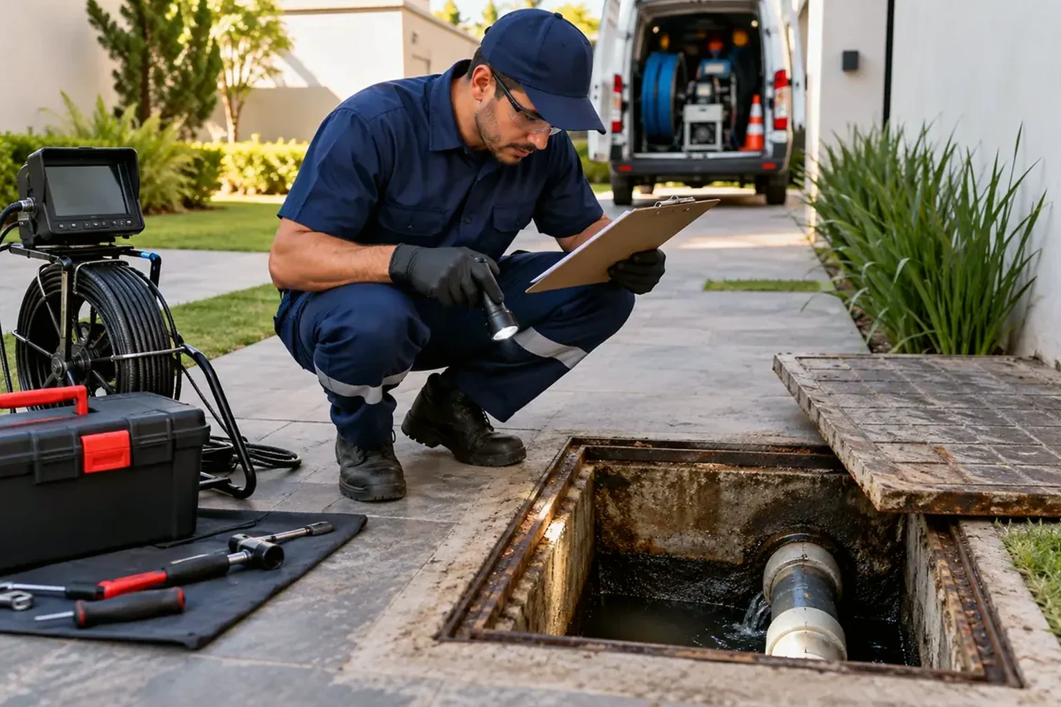 Técnico fazendo manutenção preventiva em esgoto em Sorriso.
