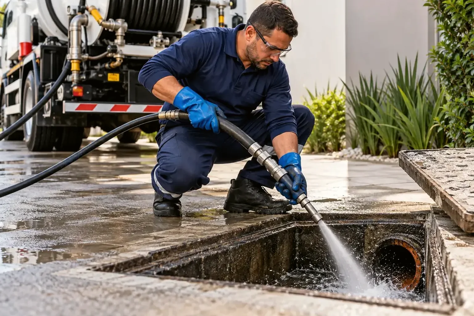 Técnico realizando hidrojateamento em Sorriso.