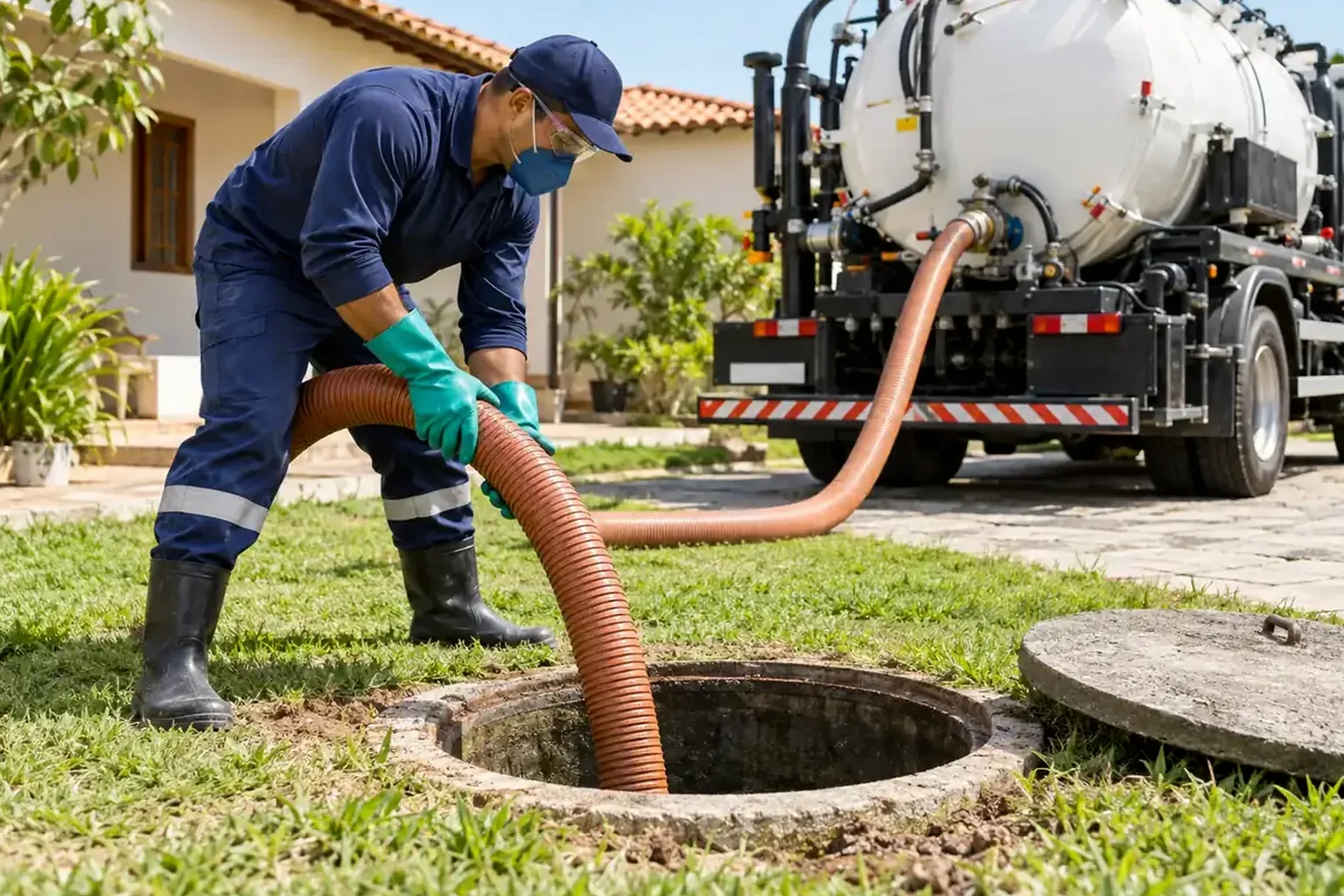 Técnicos realizando limpeza de fossa séptica em Sorriso.
