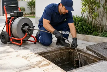 Técnicos trabalhando no desentupimento de esgotos em Sorriso.
