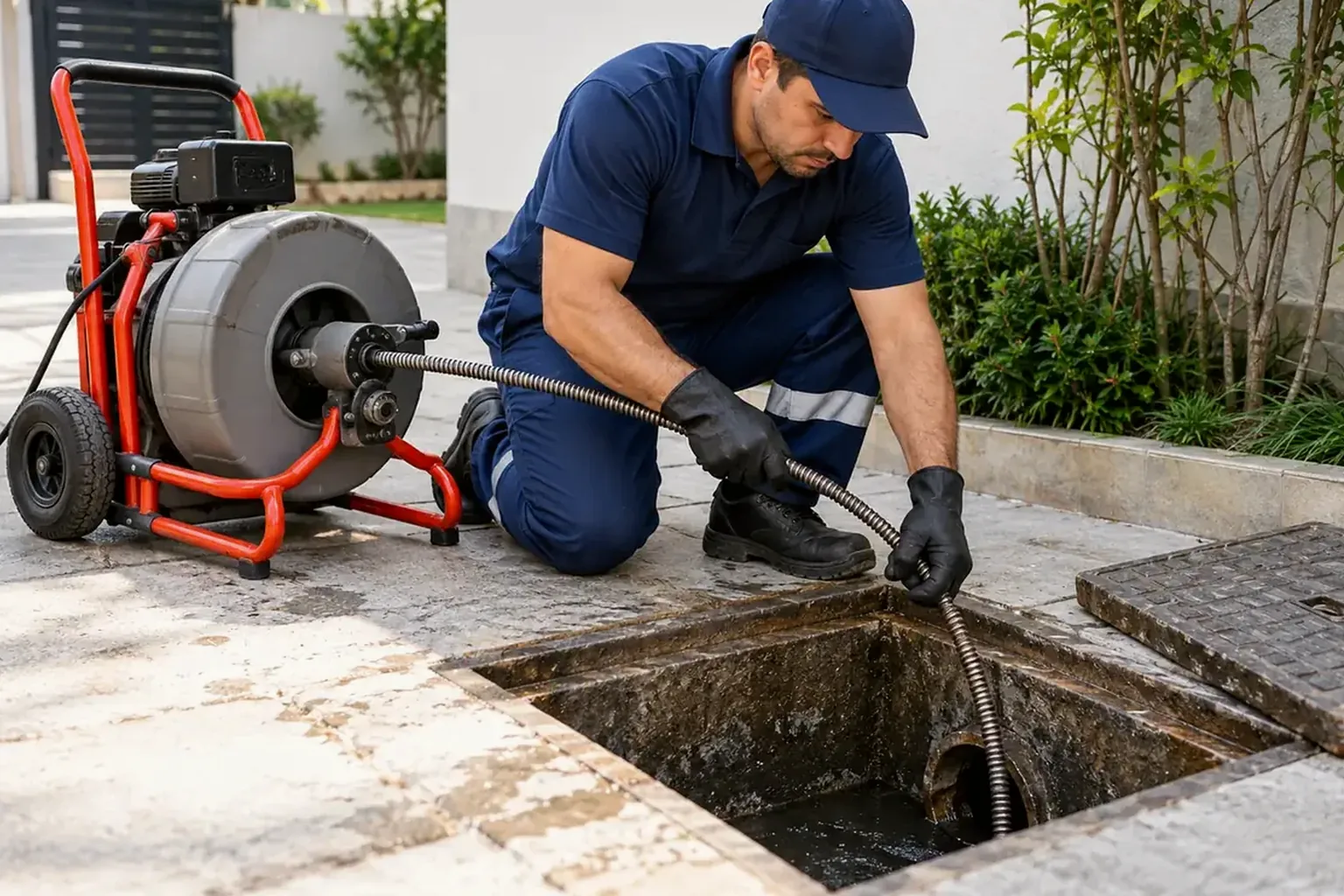 Técnicos trabalhando no desentupimento de esgotos em Sorriso.